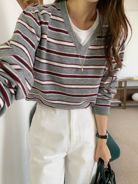 Nice Colour Mix V Neck Stripe Knit Pullover