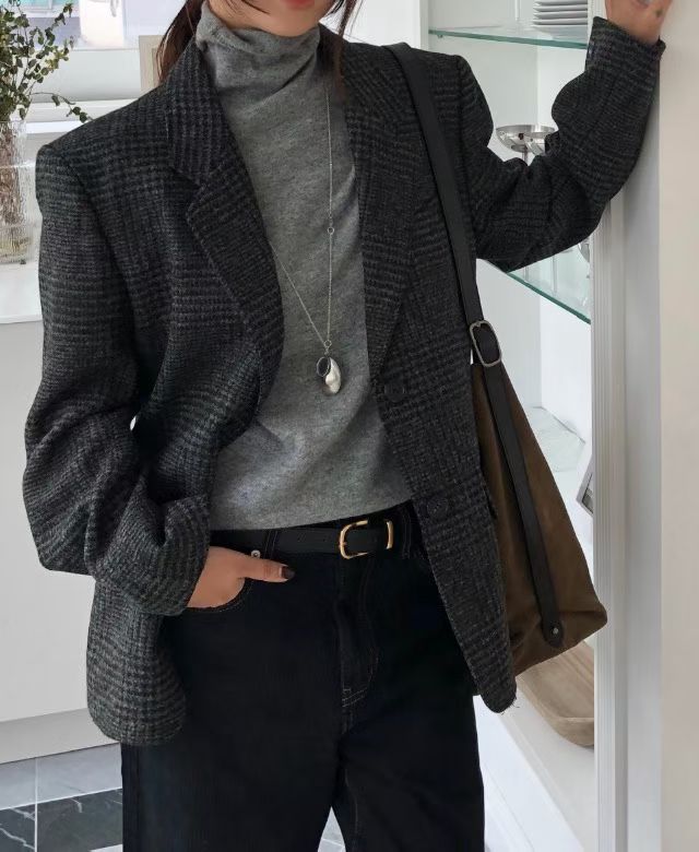 Moon Wool Checker Blazer Charcoal