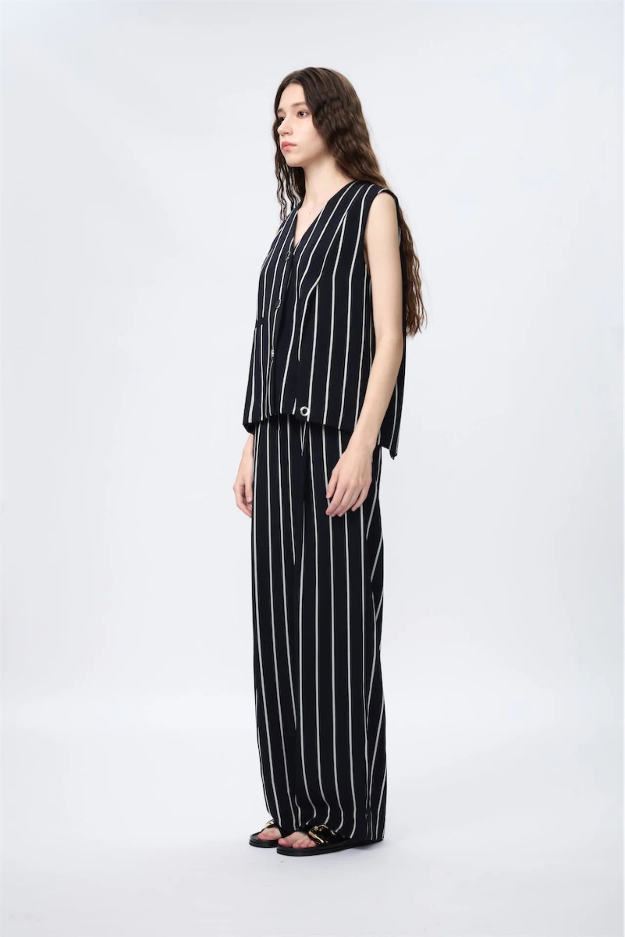 Elastic Wide-Leg Layers Trousers (Stripe)