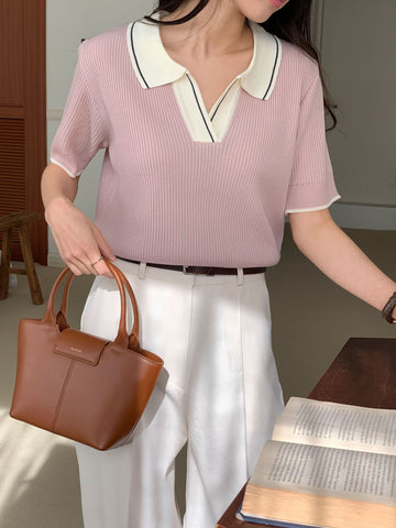 Spring Colour Open Collar Knit Top