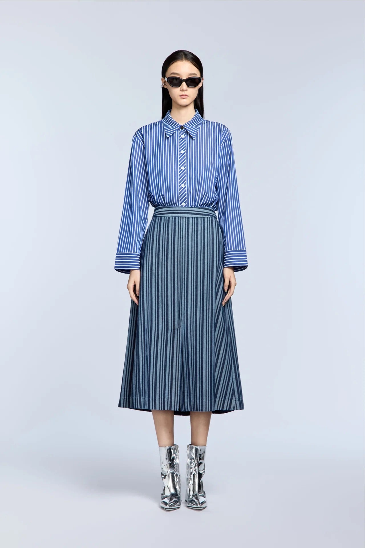Block-Pleated Denim Flare Skirt