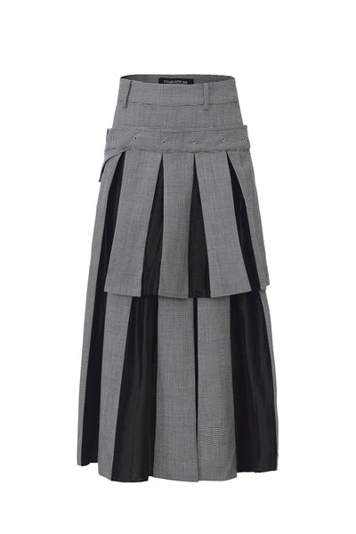 Asymmetric 2-Layers Plaid Pleated Skirt