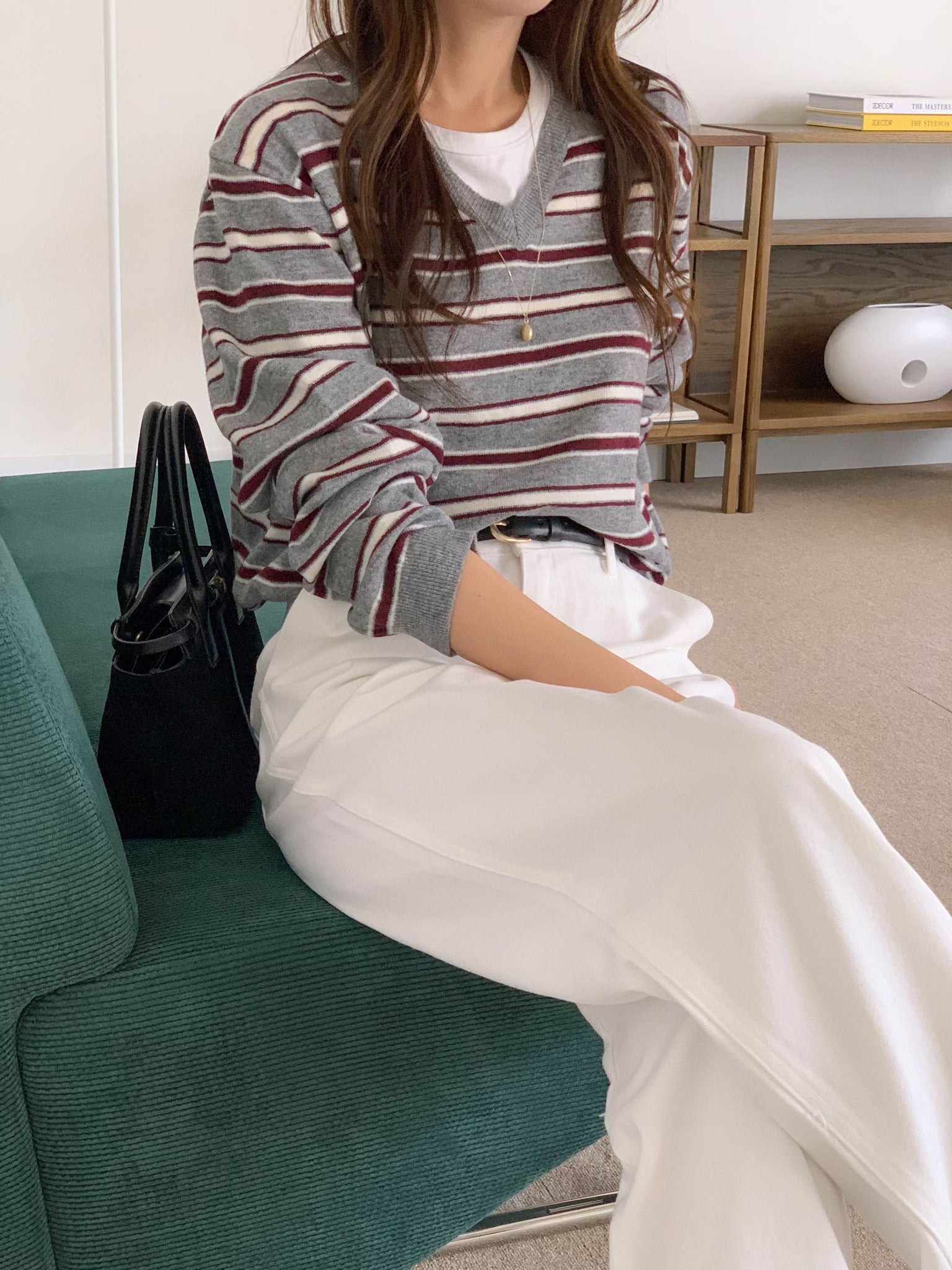 Nice Colour Mix V Neck Stripe Knit Pullover