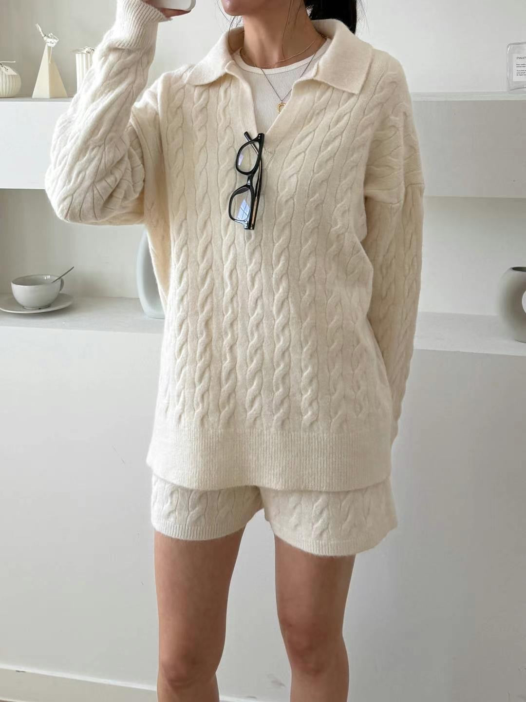 Cable Knit Open Collar Knit Shorts Set