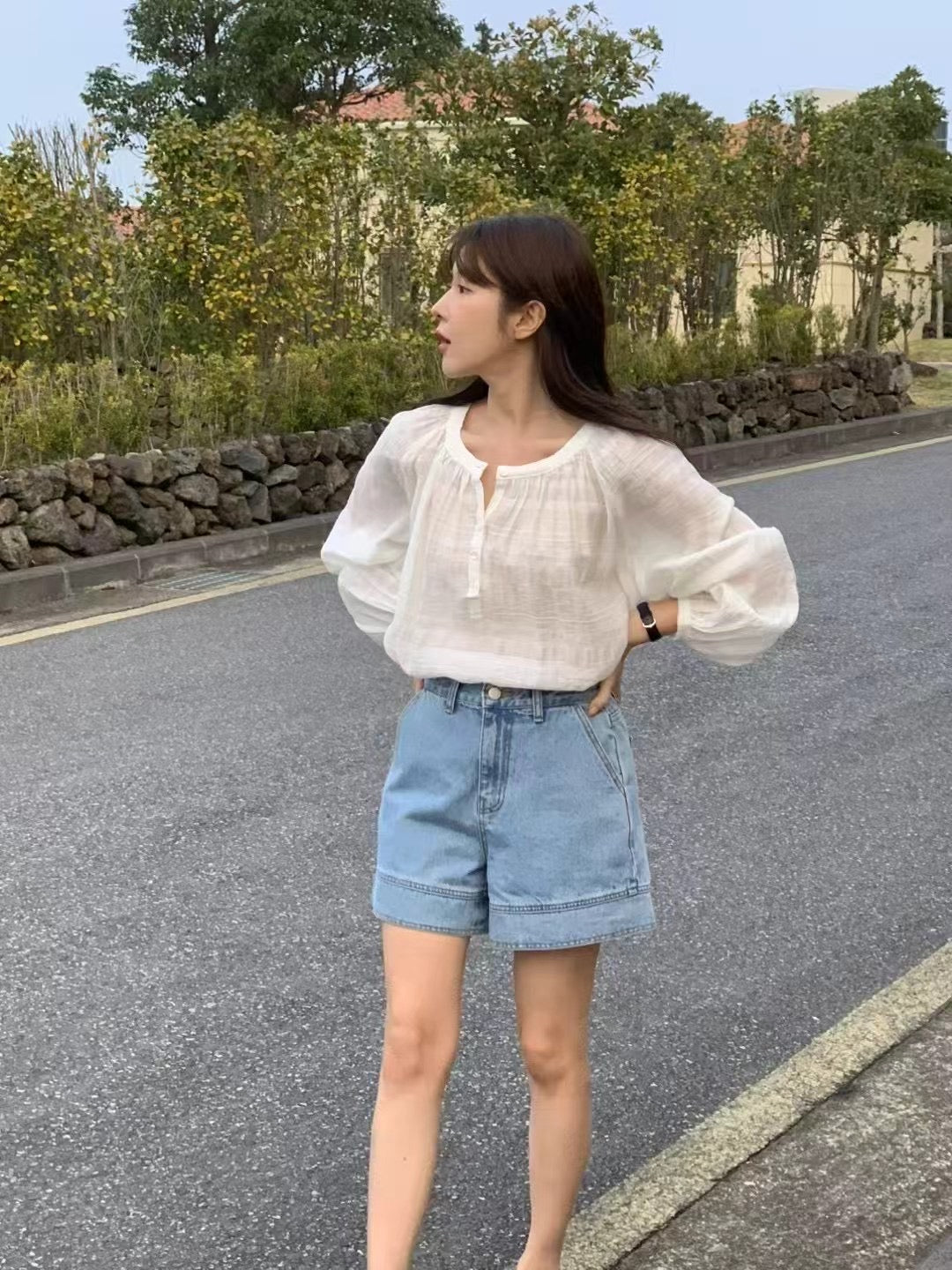 Sherring Open Button Blouse