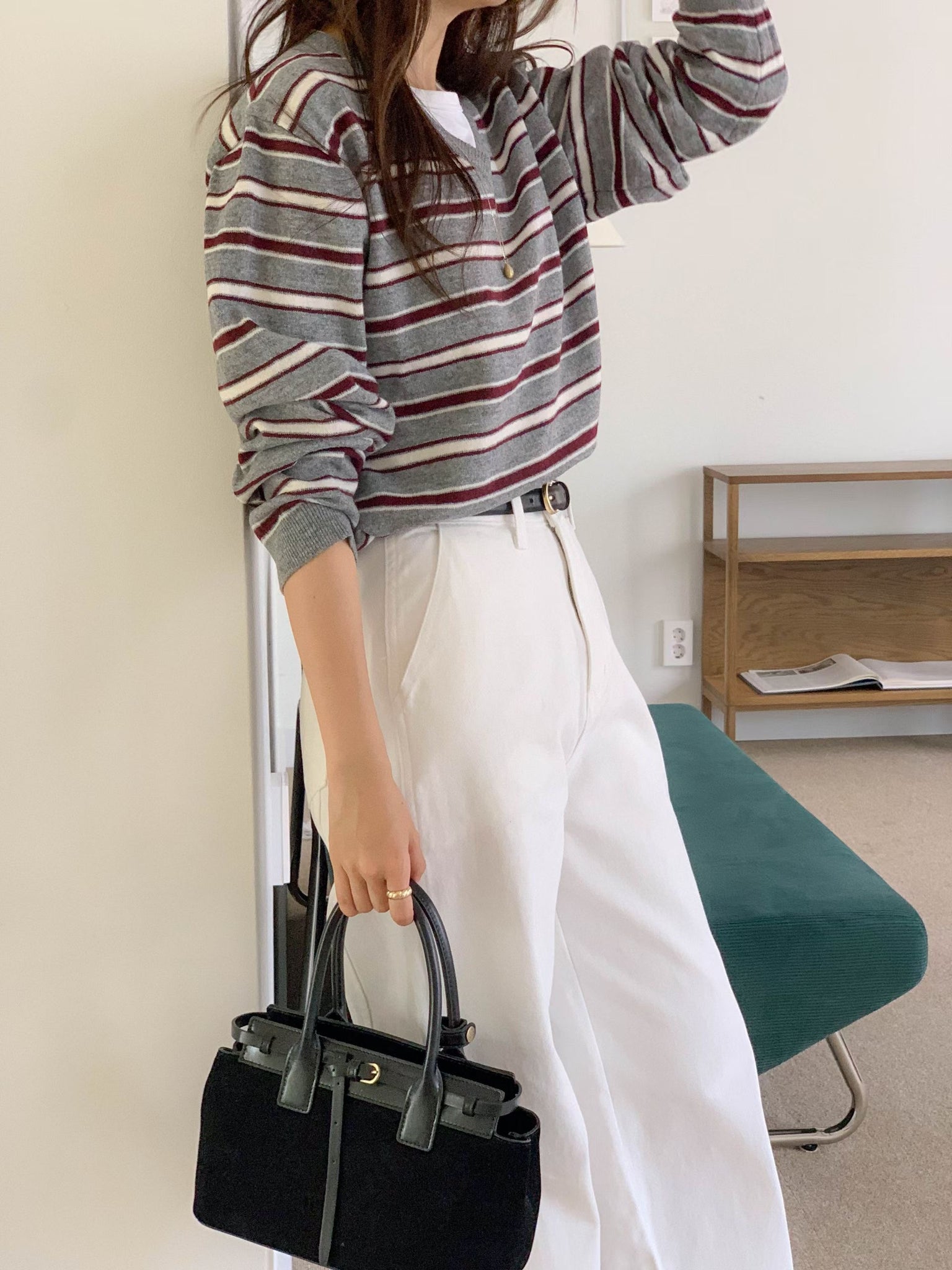 Nice Colour Mix V Neck Stripe Knit Pullover