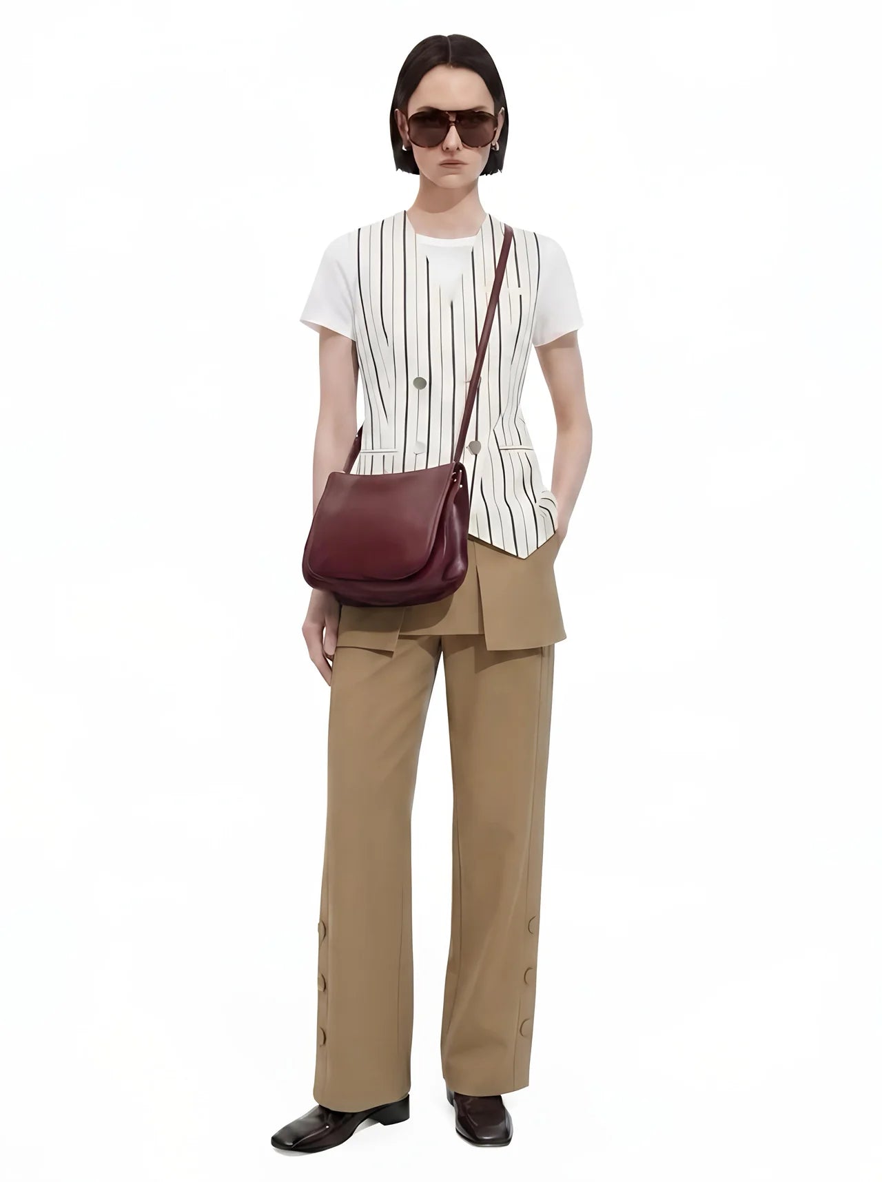 Layers Button Slit Trousers Khaki