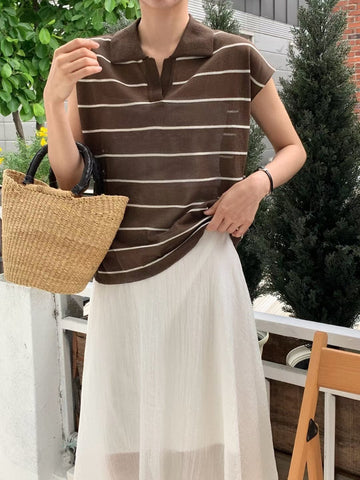 Essential Open Collar Stripe Polo Knit Top (限時超抵快閃價$268至今晚23:59, 19-20Jul 超抵價$298, 之後批發價$348)
