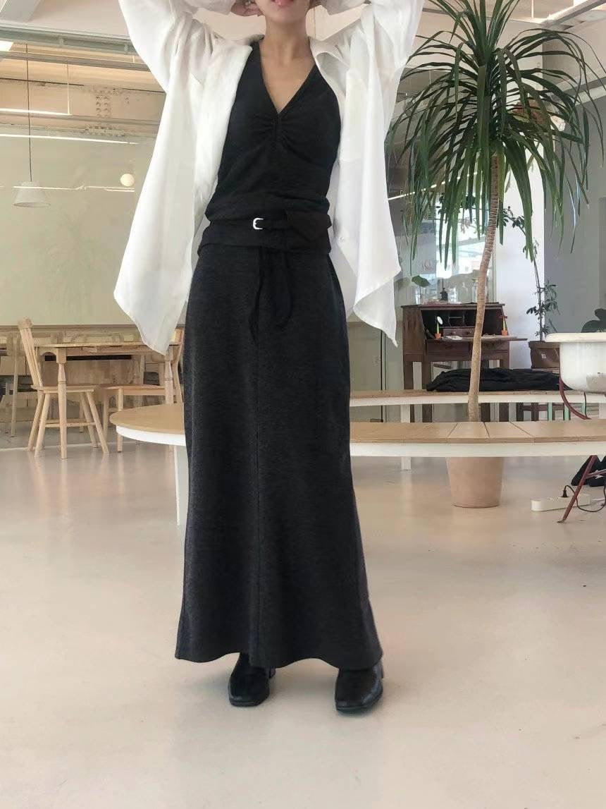 drawstring Long Wool Skirt