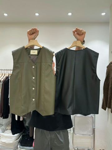Faux Leather Button Vest