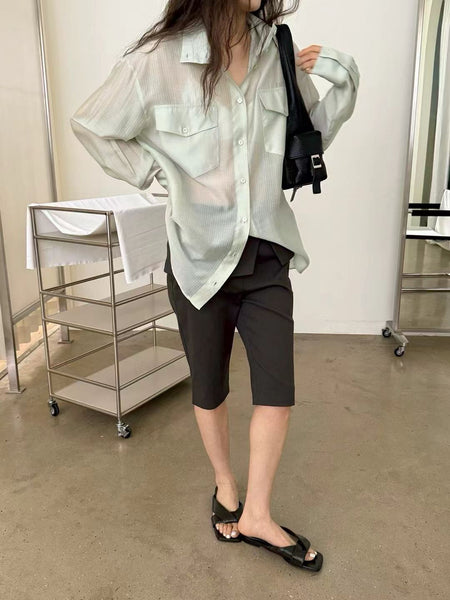 Stand Collar See Through Stripe Shirt