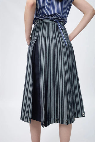 Block-Pleated Denim Flare Skirt