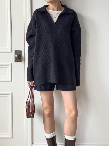 Cable Knit Open Collar Knit Shorts Set