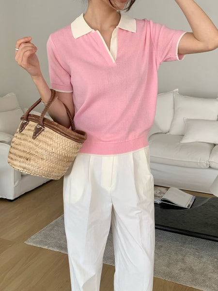 Two Tone Colour Polo Knit Top