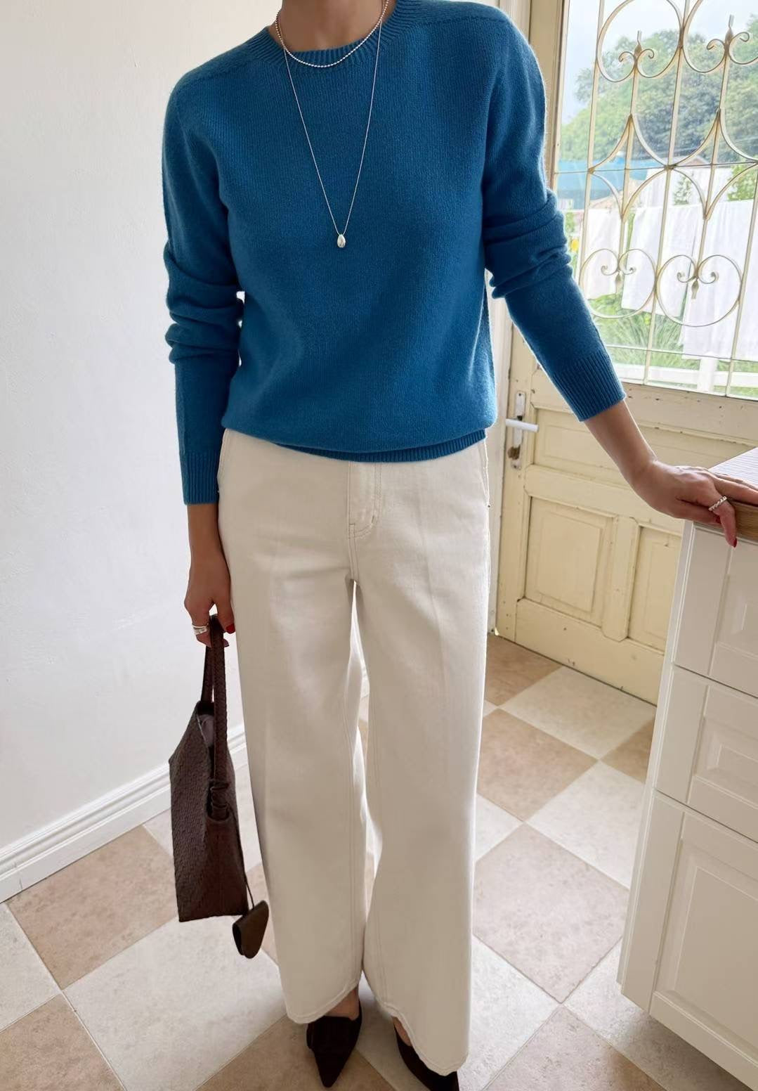 Wholegarment Cashmere Crew Neck Knit Top