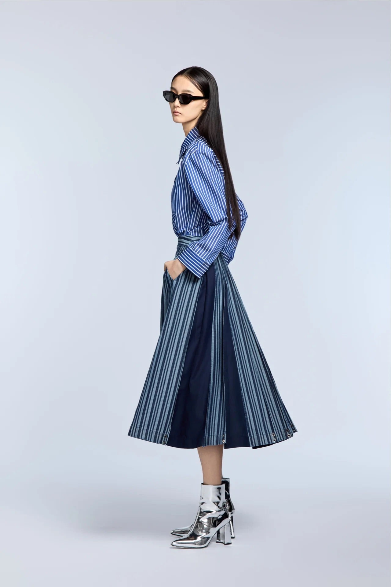 Block-Pleated Denim Flare Skirt
