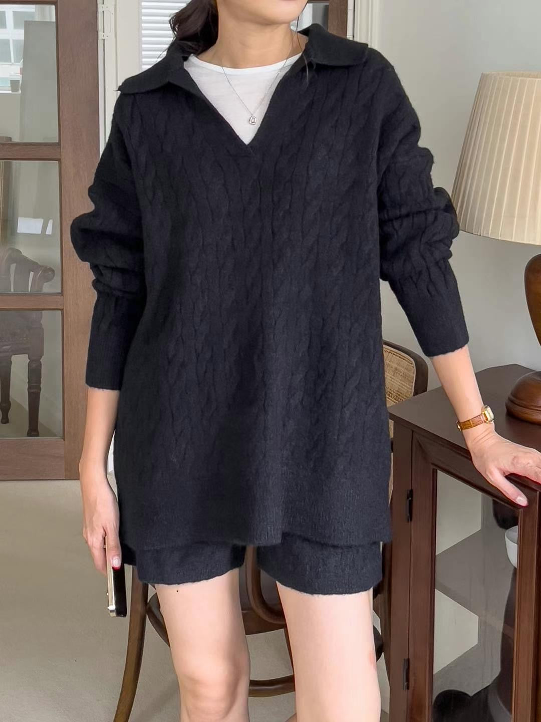 Cable Knit Open Collar Knit Shorts Set