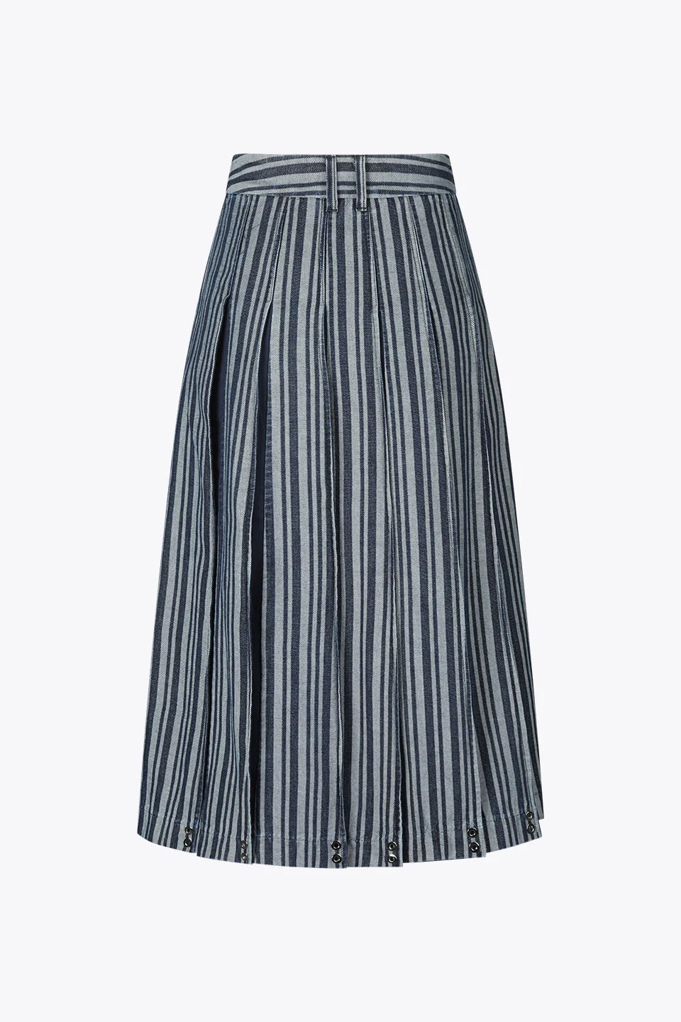 Block-Pleated Denim Flare Skirt