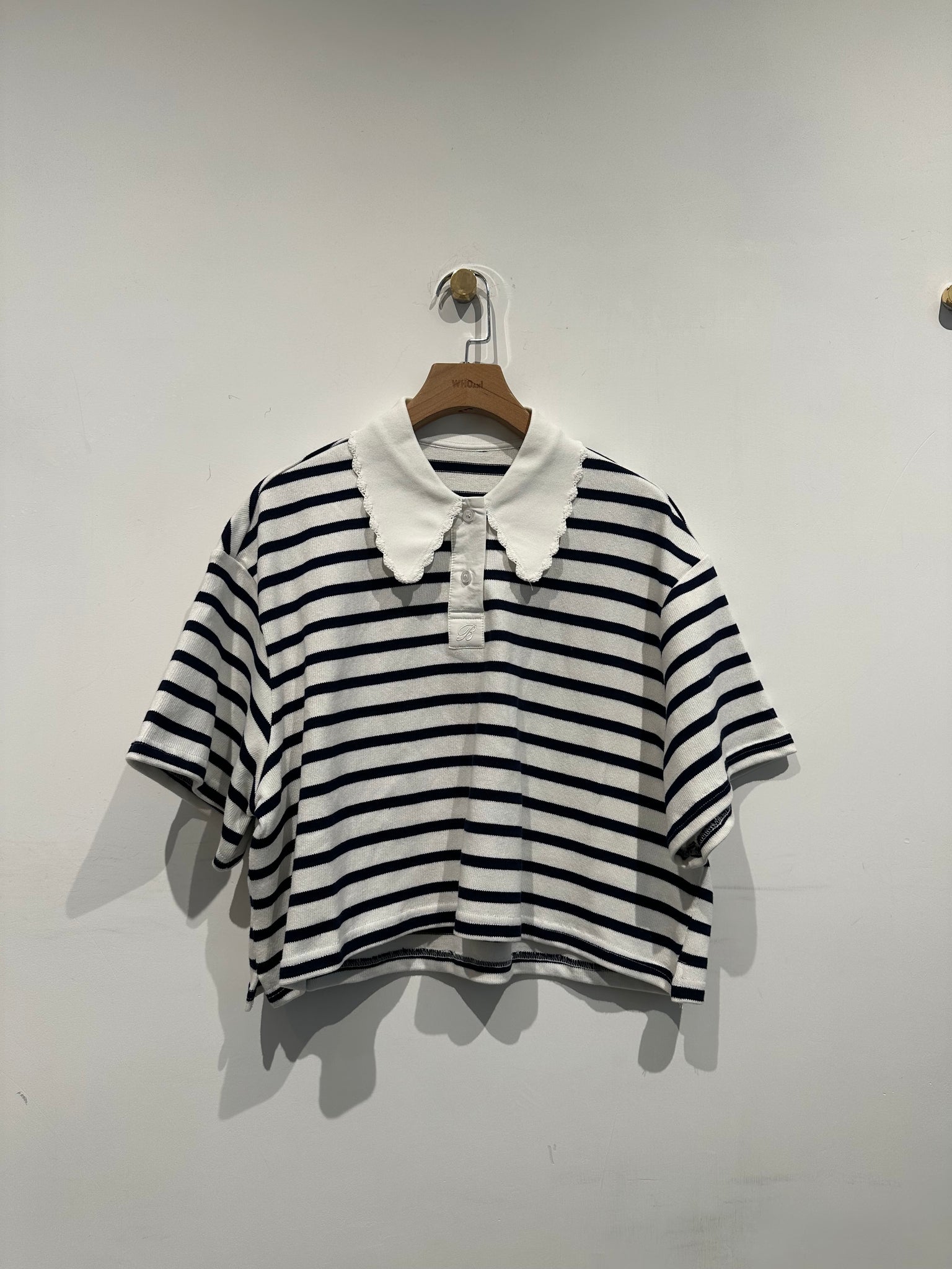 Polo Stripe Knit Top With Delicate Collar