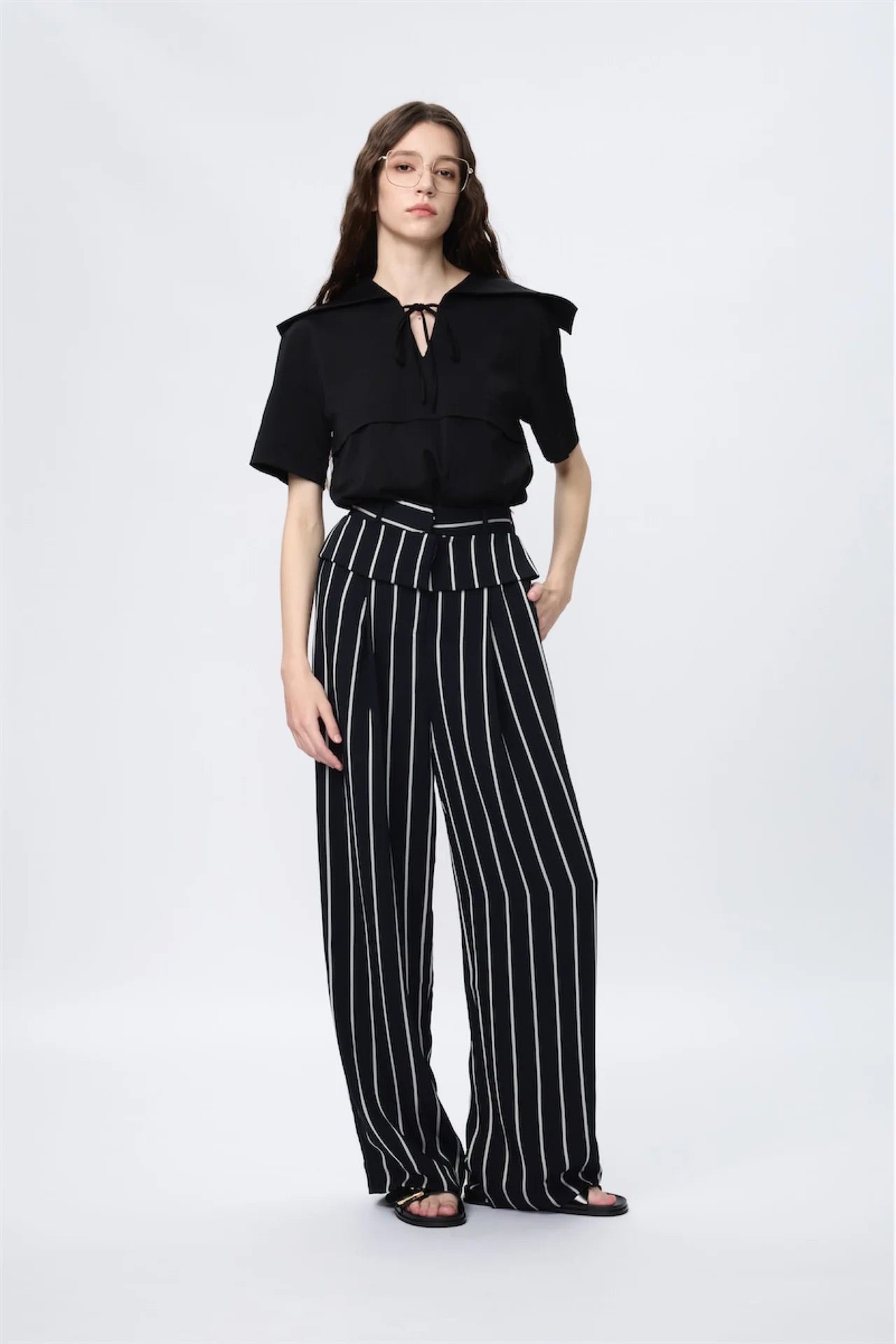 Elastic Wide-Leg Layers Trousers (Stripe)