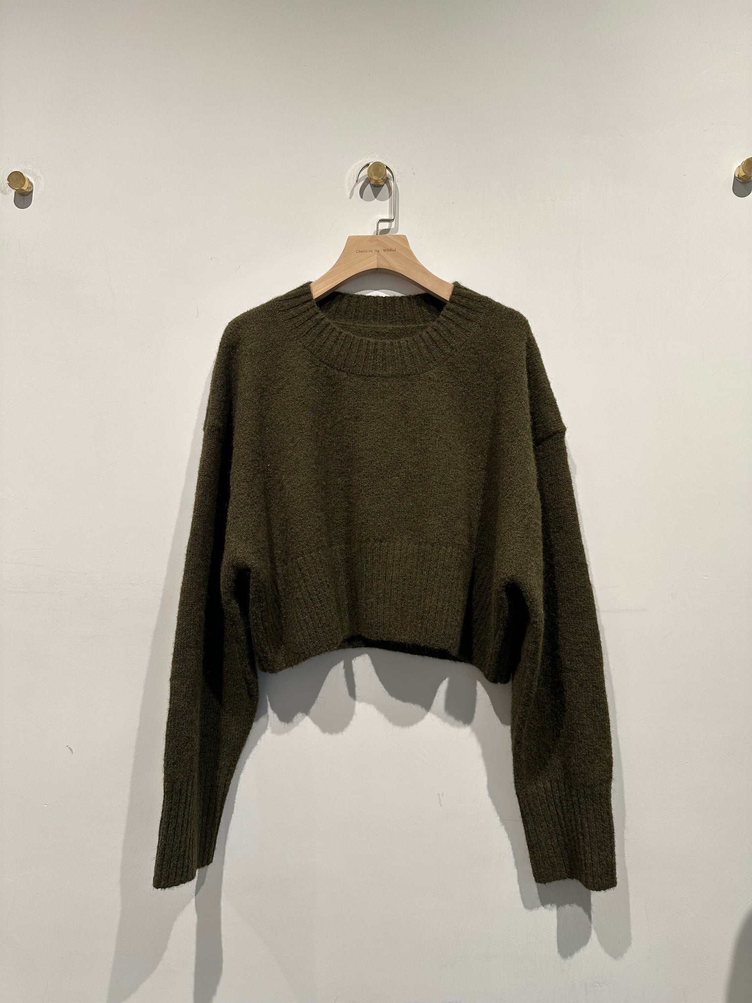 Ribbed Hem Cropped Knit Top Military Green