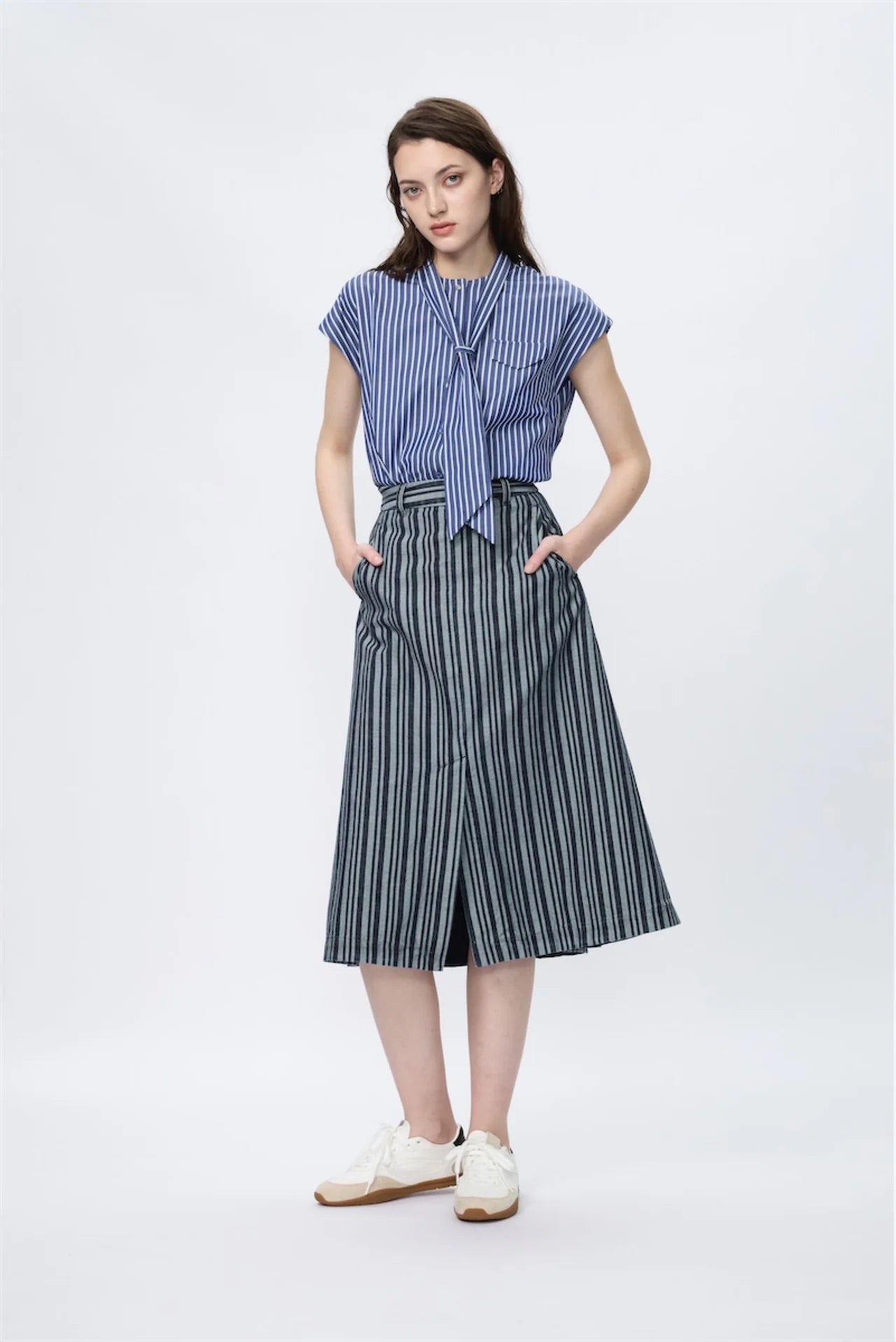 Block-Pleated Denim Flare Skirt