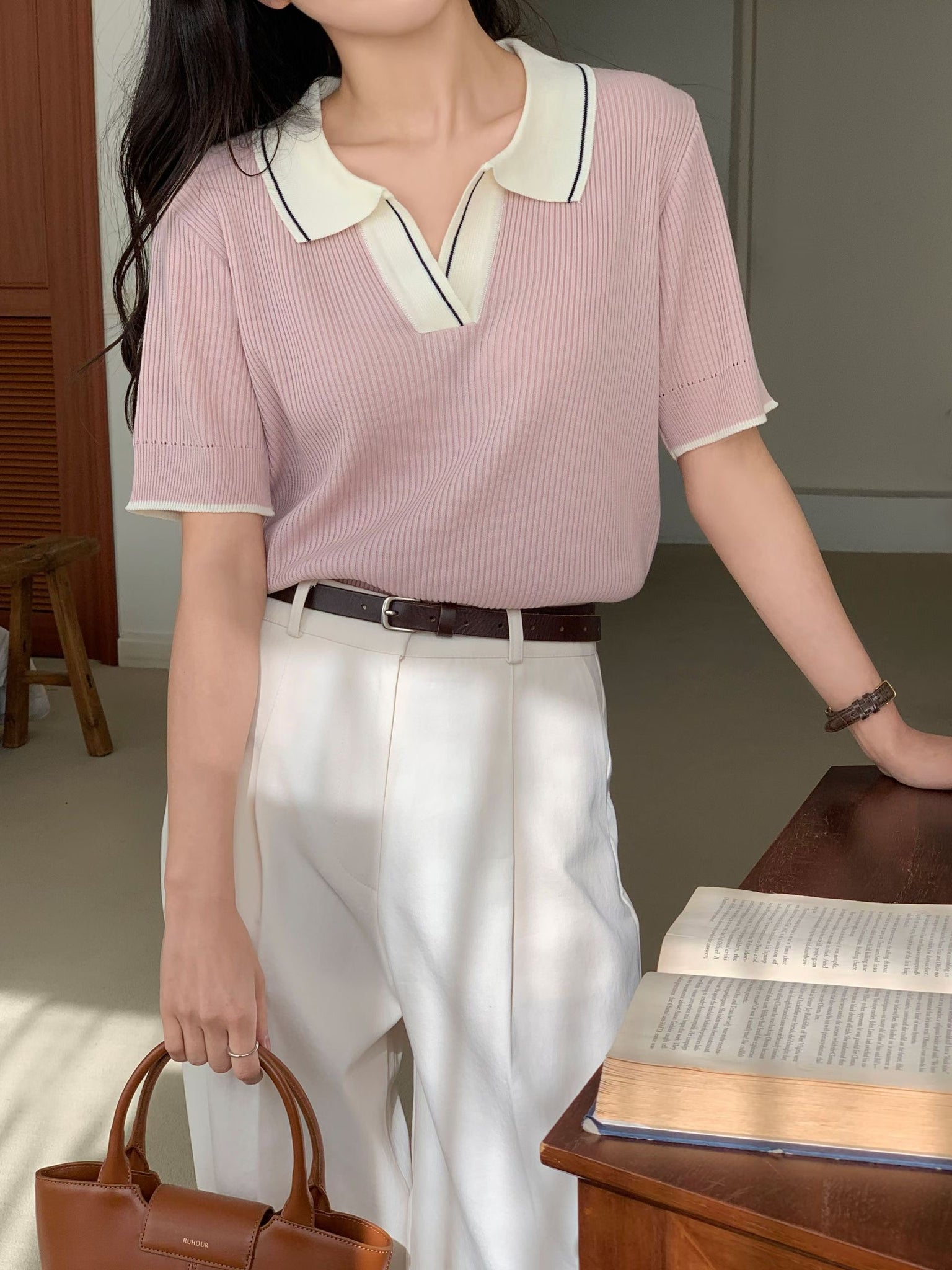 Spring Colour Open Collar Knit Top