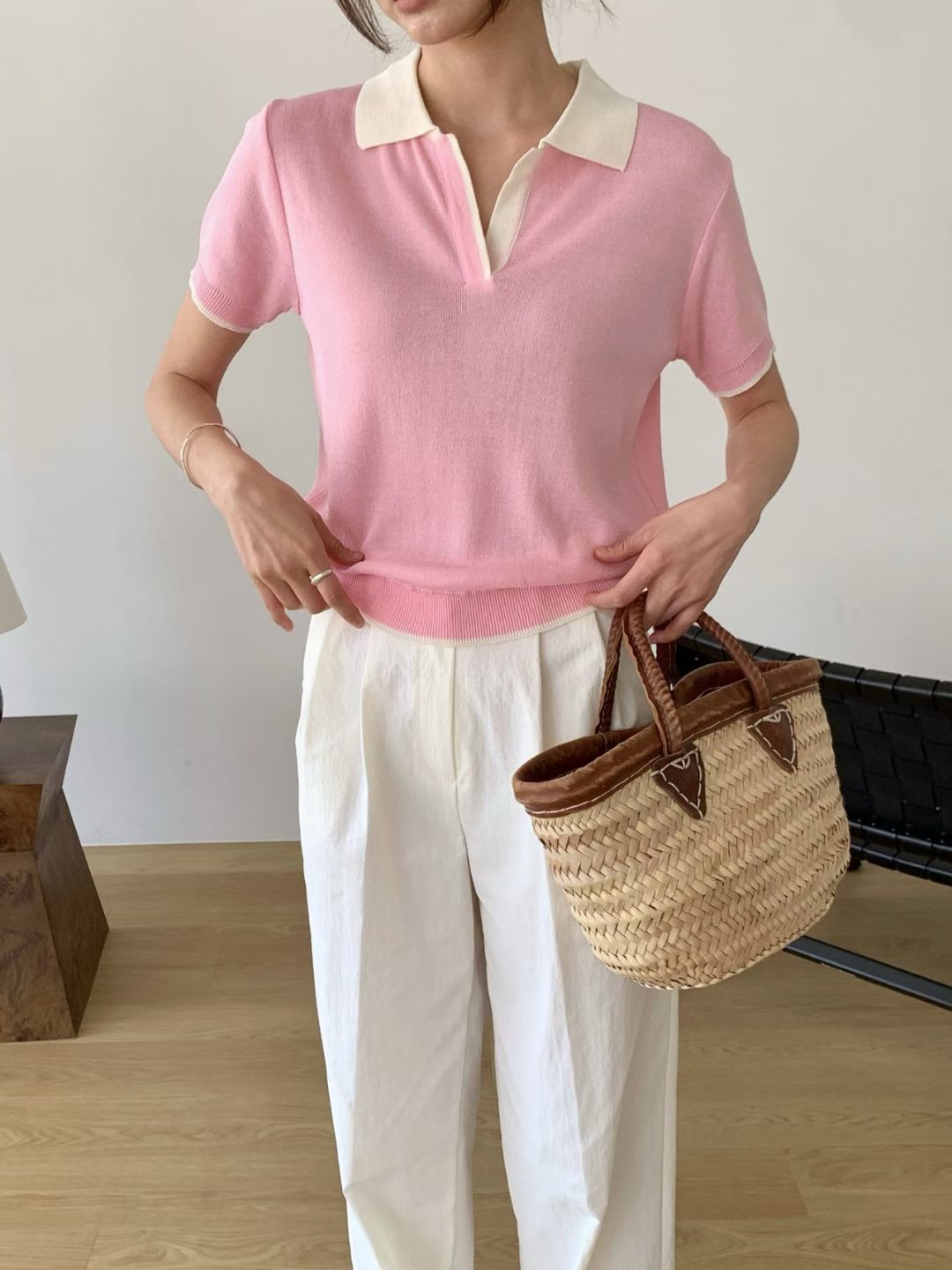 Two Tone Colour Polo Knit Top