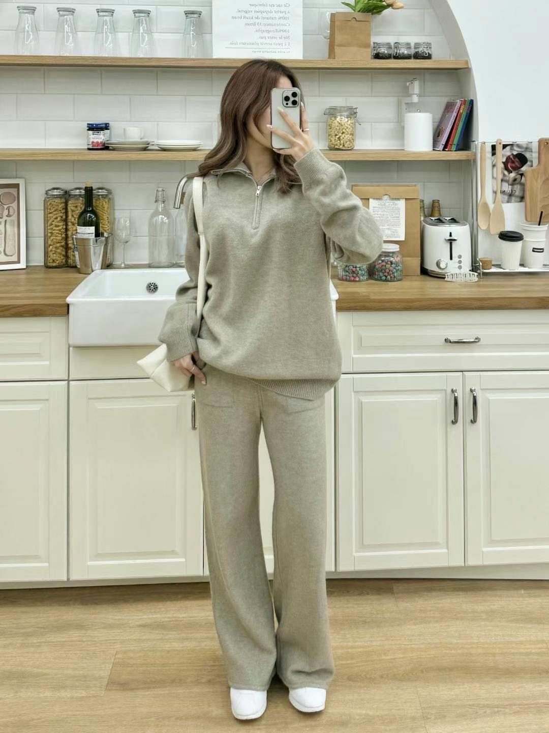 Zipper Wool Pants Set