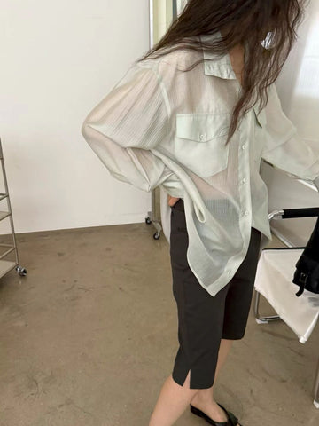 Stand Collar See Through Stripe Shirt