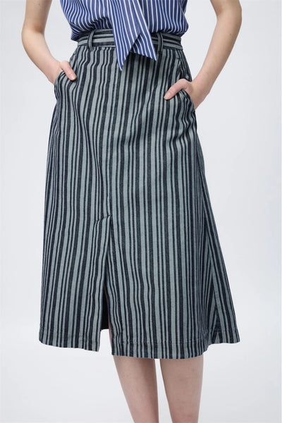 Block-Pleated Denim Flare Skirt