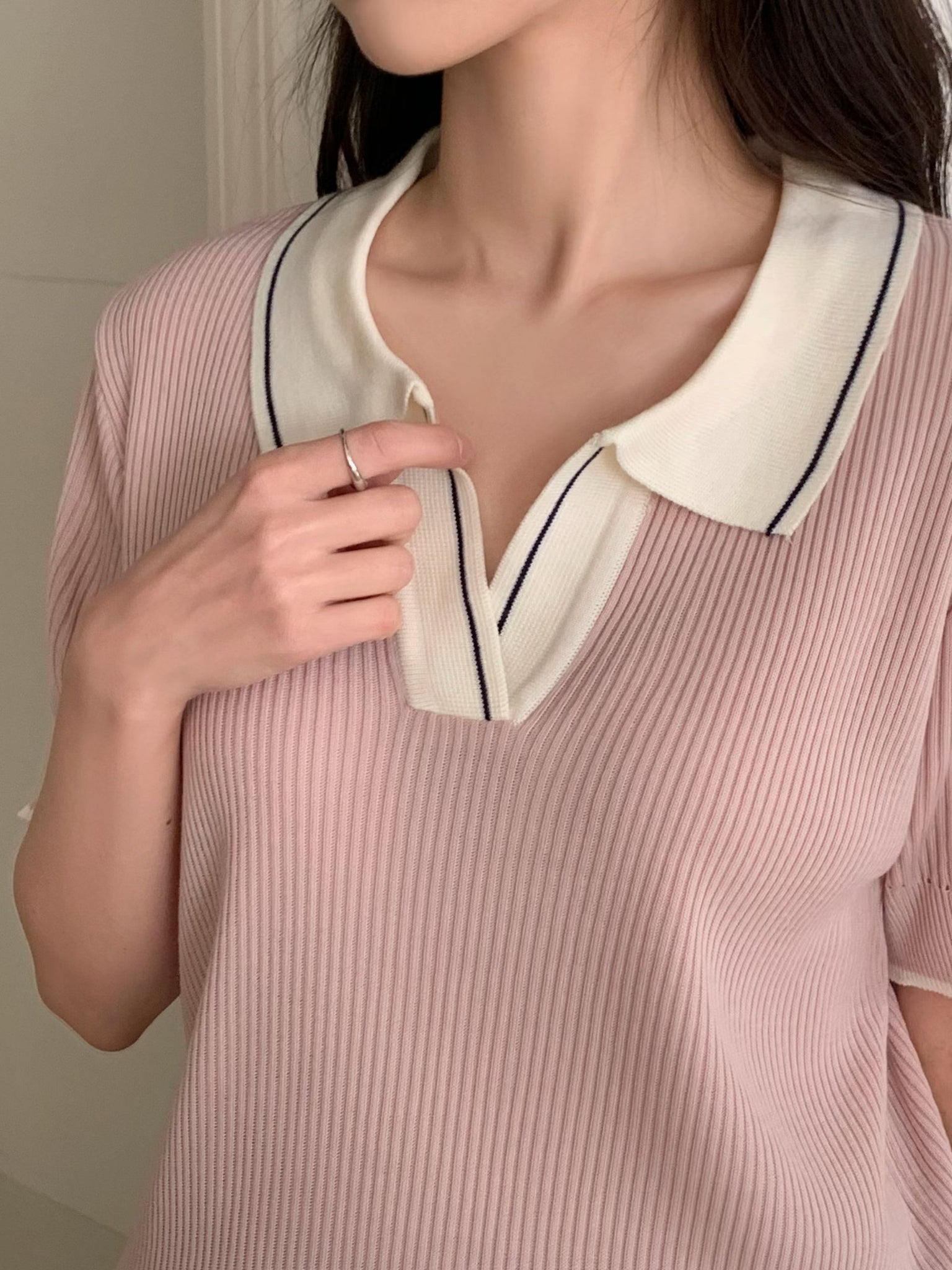 Spring Colour Open Collar Knit Top