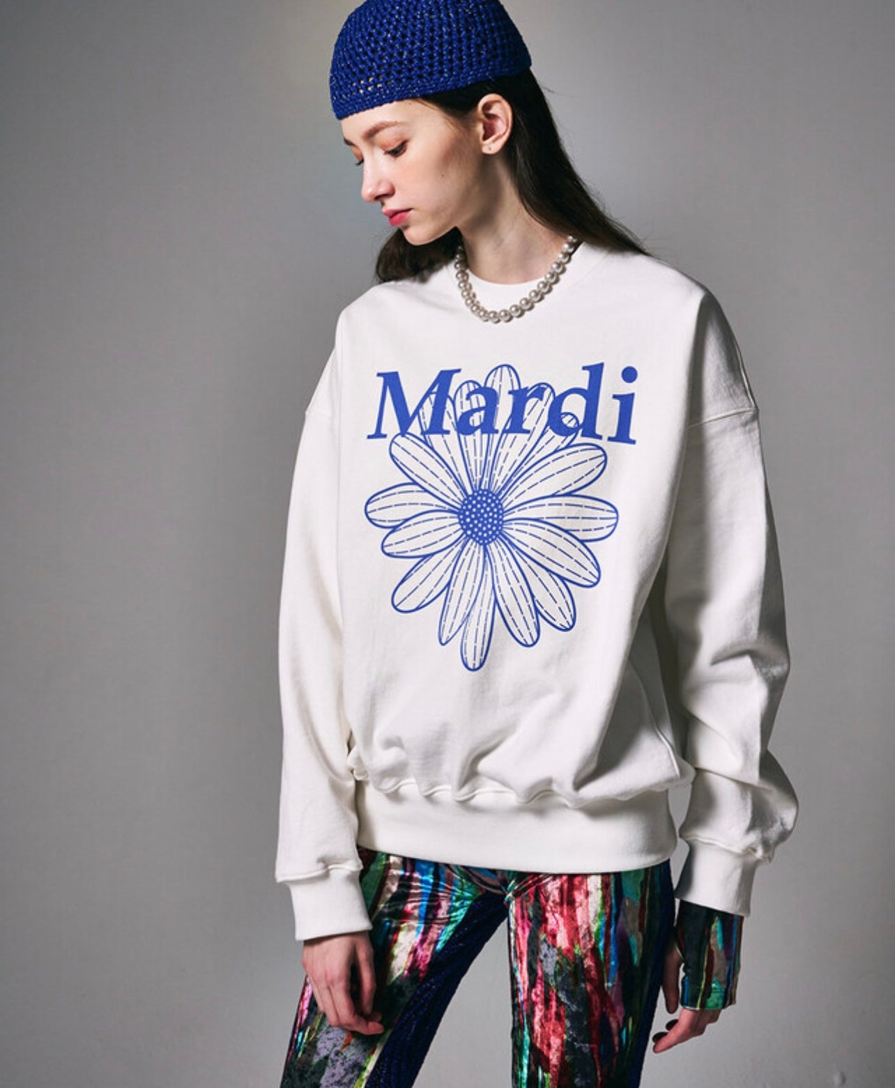 SWEATSHIRT FLOWERMARDI WHITE VIVIDBLUE