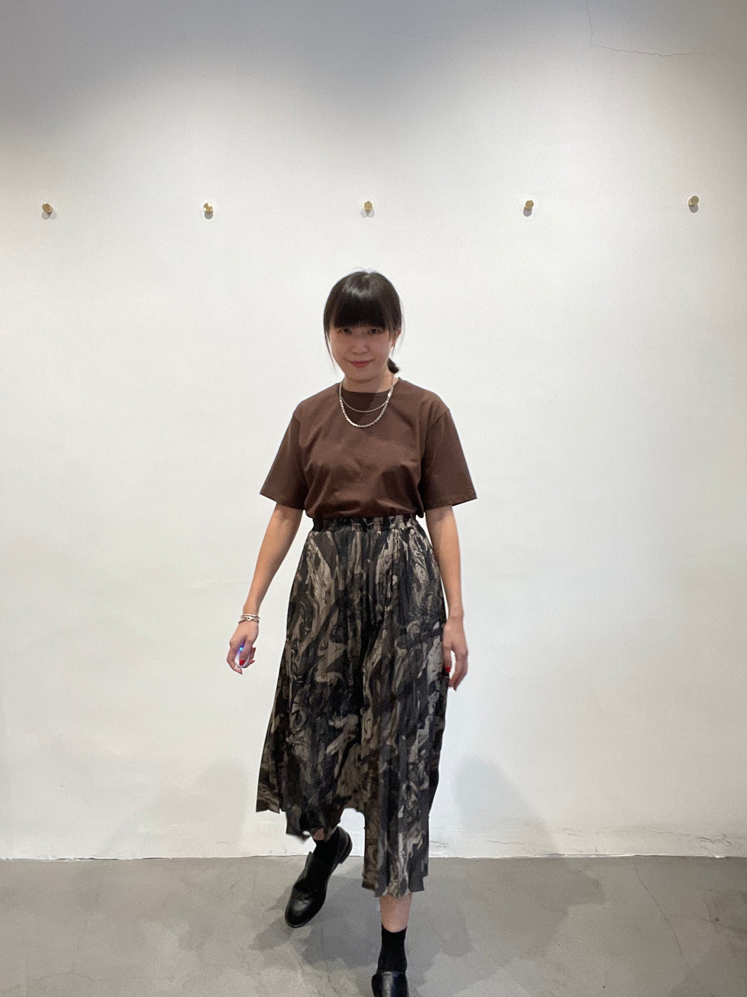 Fall Marble Print Pleated Skirt Brown