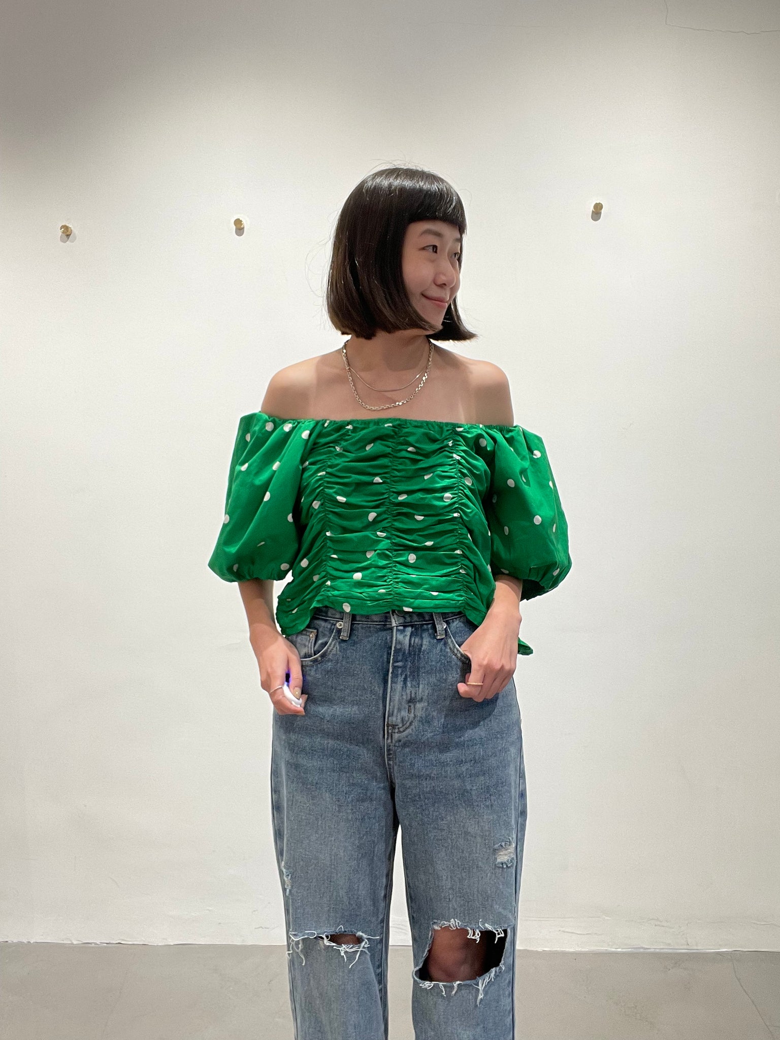 Two Ways Dot Puff Sleeve Blouse Green