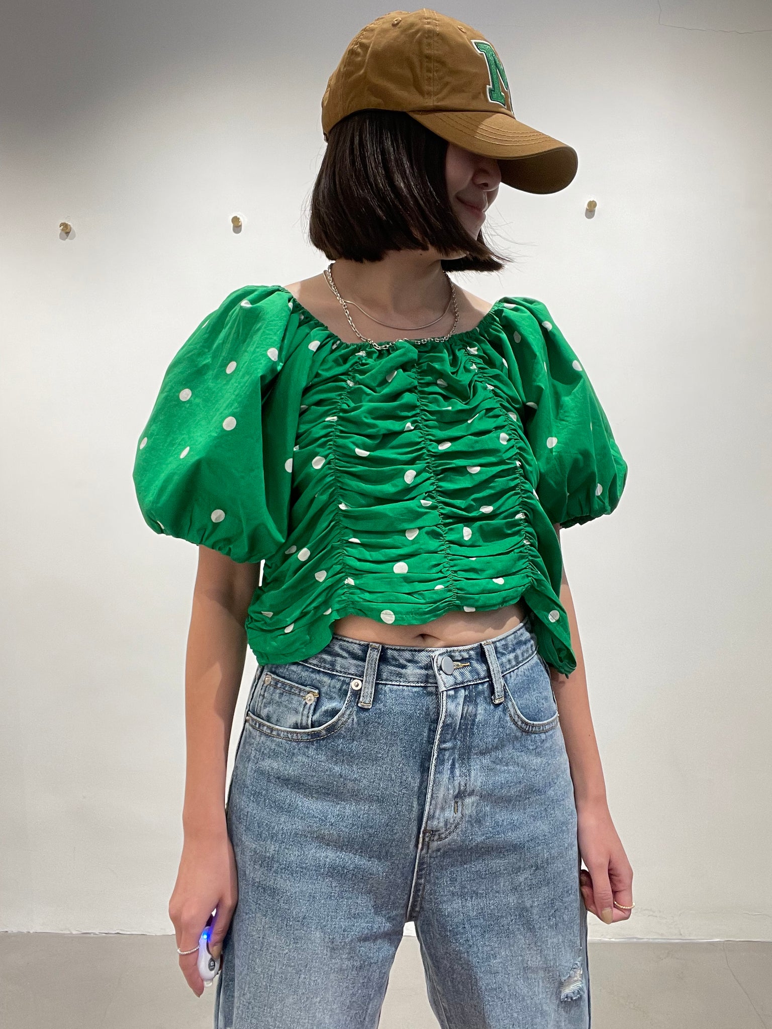 Two Ways Dot Puff Sleeve Blouse Green