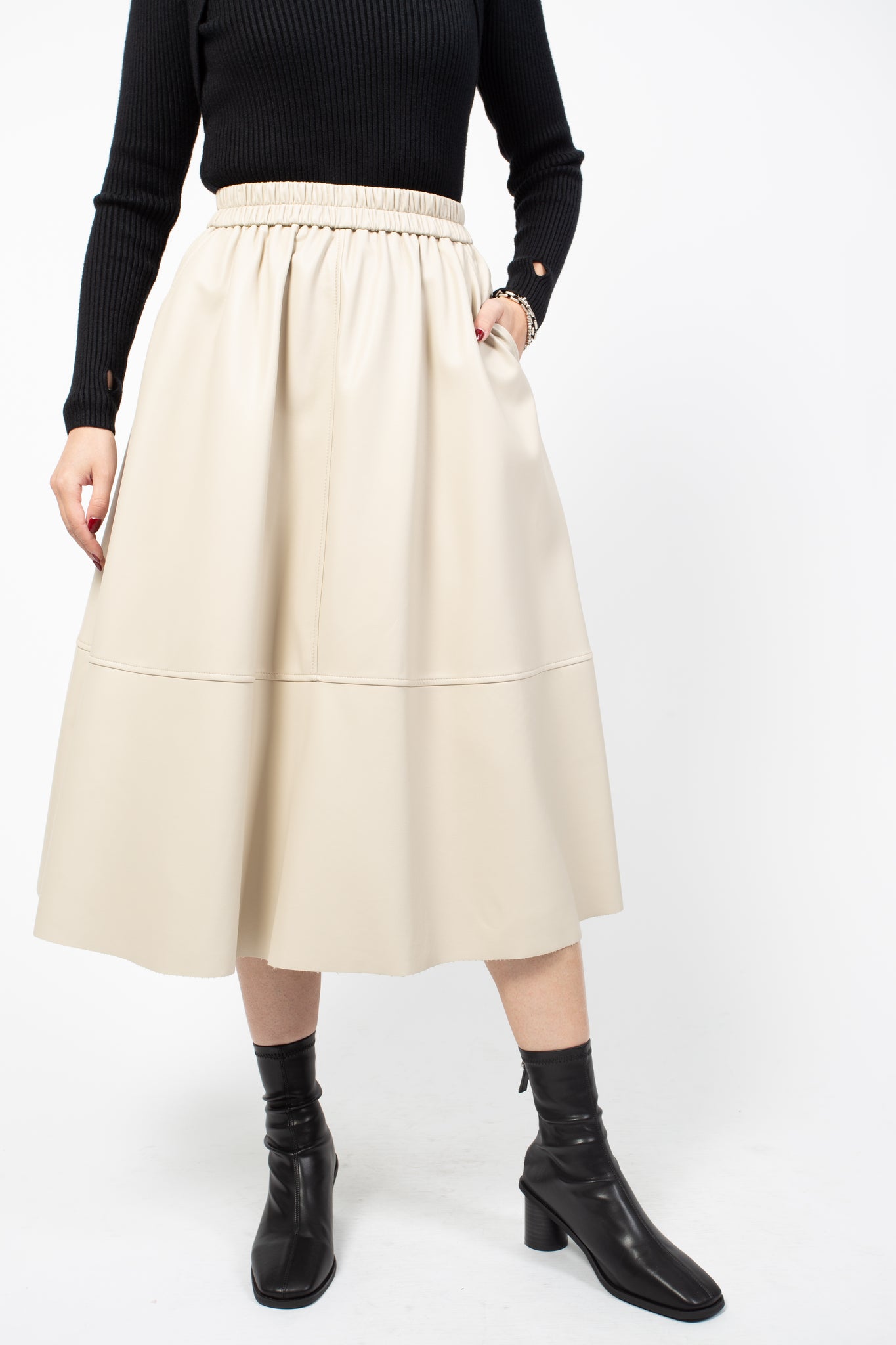 Faux Leather Pocket A-Line Skirt Ivory