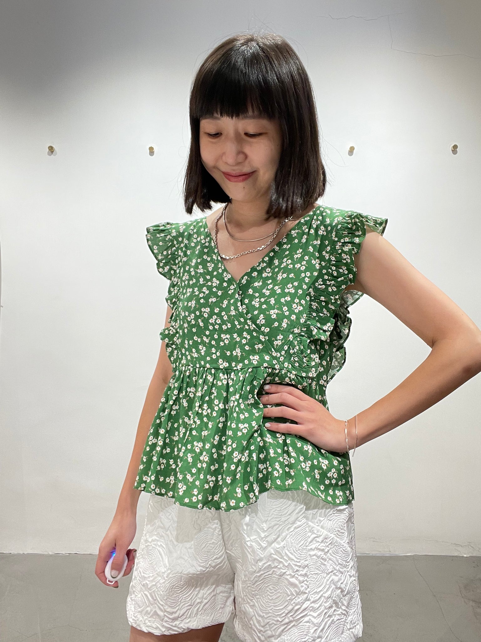 Cool Double V Neck Daisy Top Green