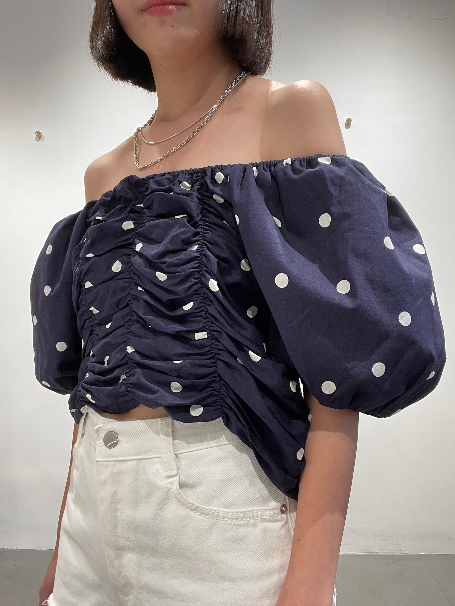Two Ways Dot Puff Sleeve Blouse Navy