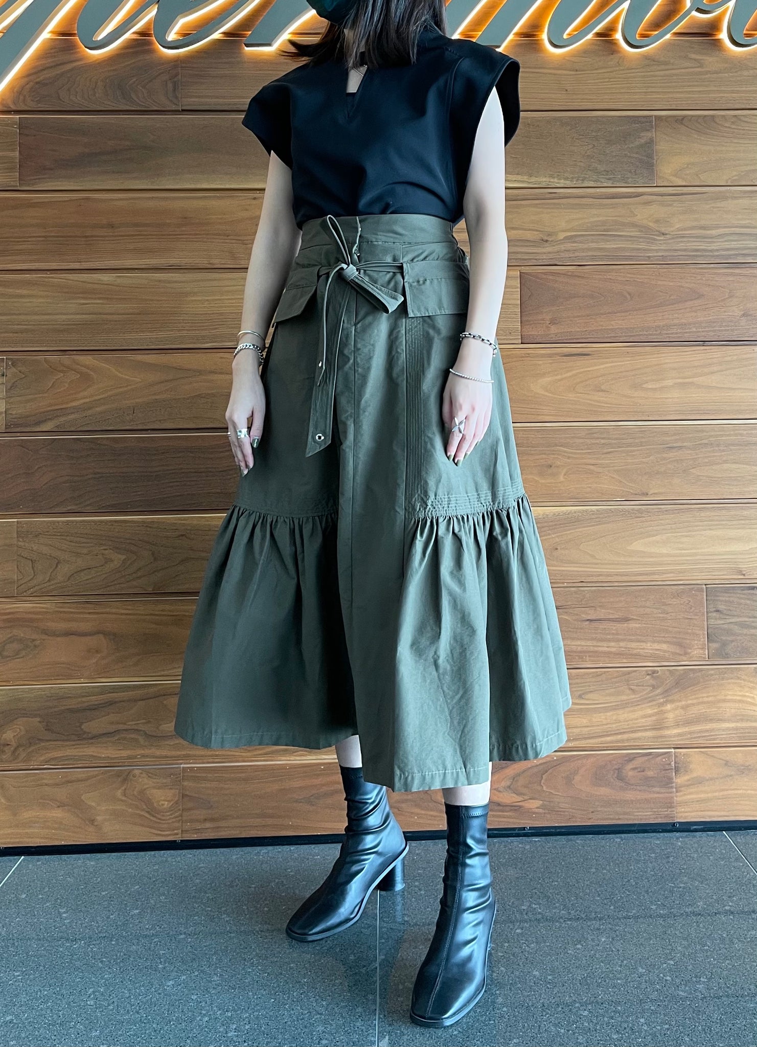 Restructured Waistline Skirt Military Green