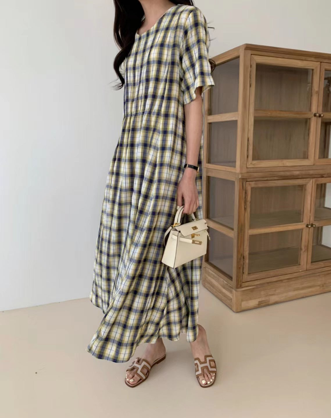 Cool Wrinkle Checker Dress Yellow