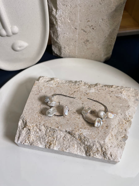 Cluster Pearl Half Hoop Earrings Silver