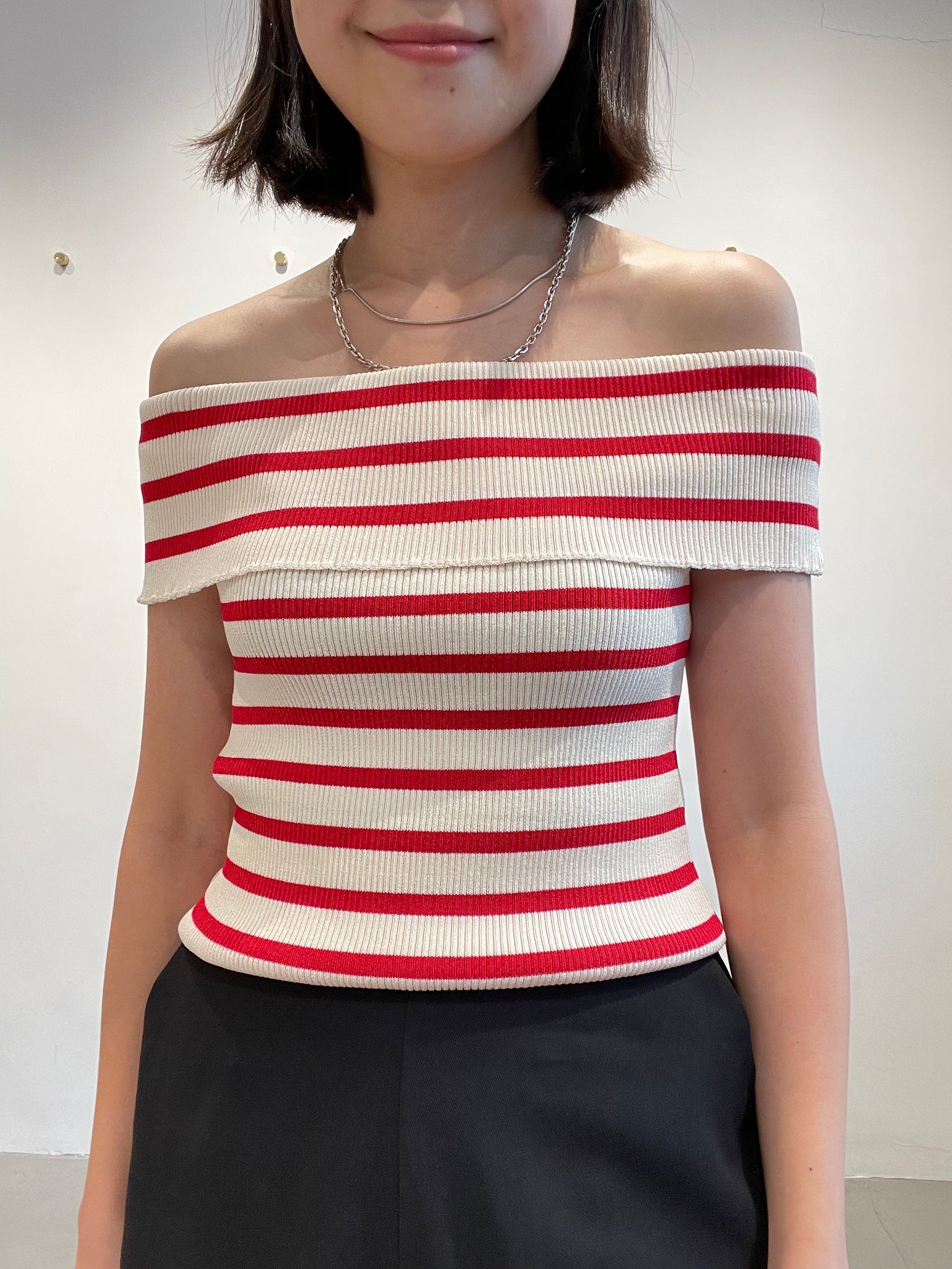 Stripe Off Shoulder Knit Top Red