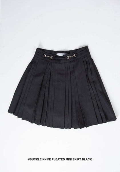 Buckle Knife Pleated Mini Skirt Black