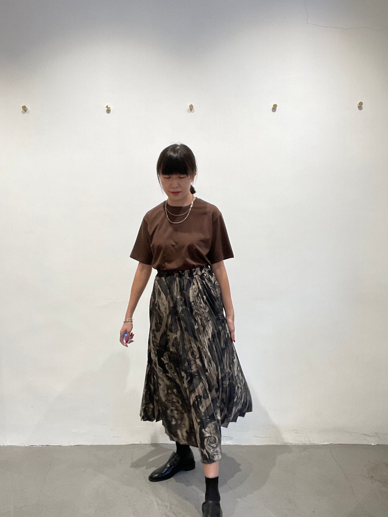 Fall Marble Print Pleated Skirt Brown
