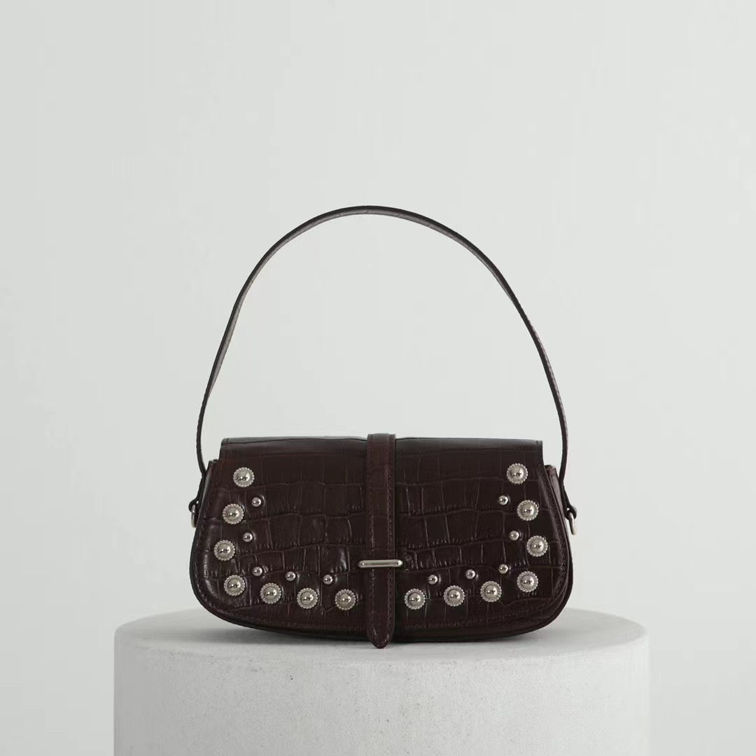 Stud Two Ways Leather Bag Croc Effect Brown