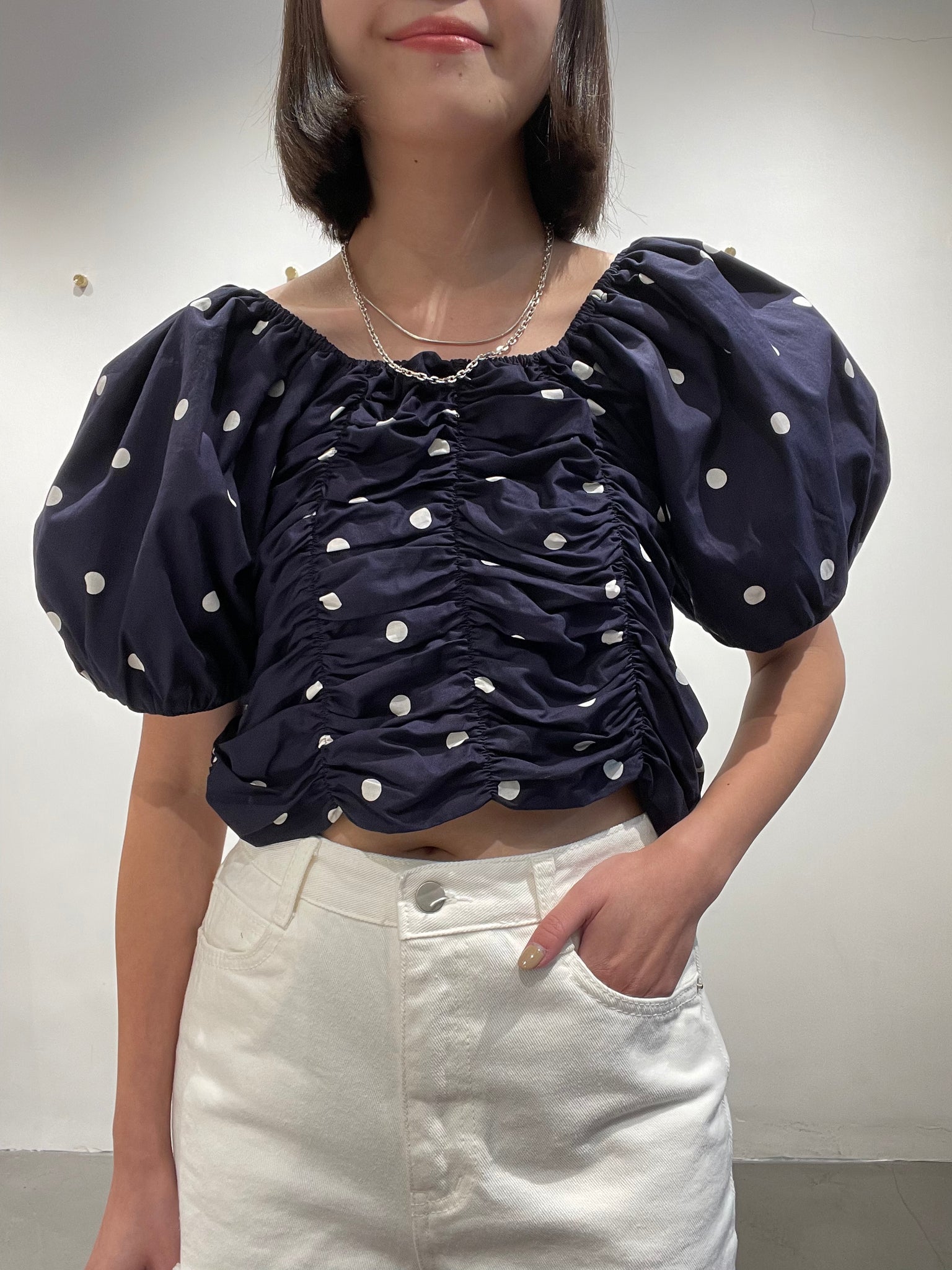 Two Ways Dot Puff Sleeve Blouse Navy