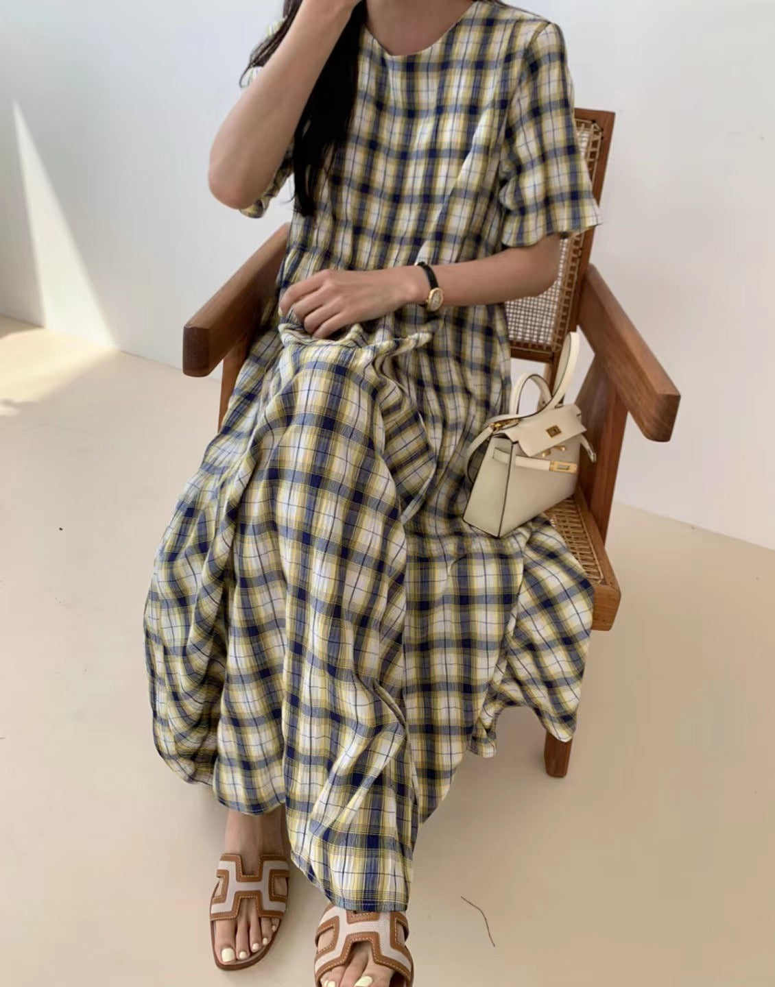 Cool Wrinkle Checker Dress Yellow