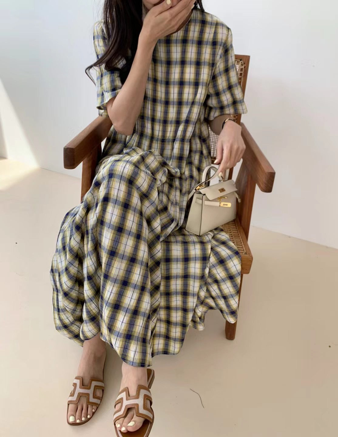 Cool Wrinkle Checker Dress Yellow