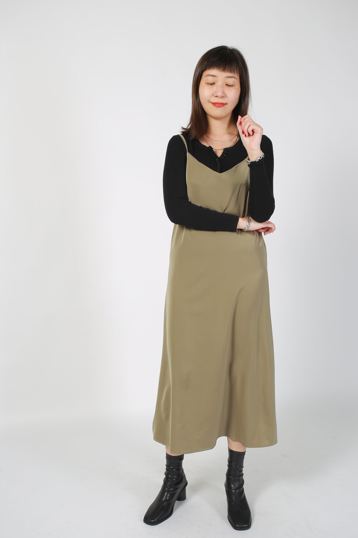 Essential Satin Slip Dress Khaki